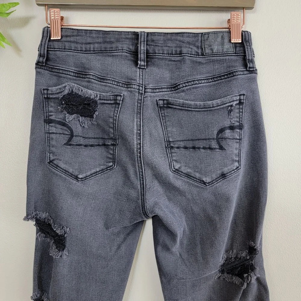 American Eagle Hi Rise Jegging Skinny Jeans Distressed Chewed Raw Black AE 4